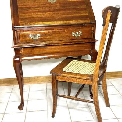 Queen Anne Style Secretary Desk With Tiger Oak Cane Chair 