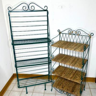 Green Wrought Iron Shelf Rack Set - Bakers Rack and Rattan Shelf 
