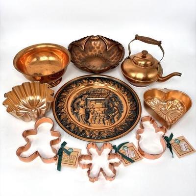 Copper Lot - Bowls, Tea Kettle, Cookie Cutters, Molds