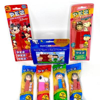 PEZ Dispenser Lot - Peanuts, Mickey Mouse Plus Collectible Peanuts Playing Cards
