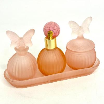 Vintage Pink Frosted Glass Perfume Bottle and Atomizer Set With Tray 