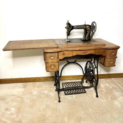 Antique Damascus Wood Sewing Table with Sewing Notions