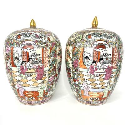 Set of 2 Chinese Hand Painted Porcelain Ginger Jars With Lids - 12" Tall
