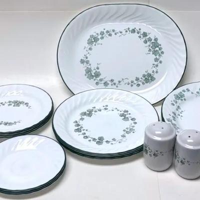 Green Floral "Corelle" Dinnerware Set