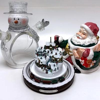 Snowman, Santa Cookie Jar, and Christmas Village Scene Collection 