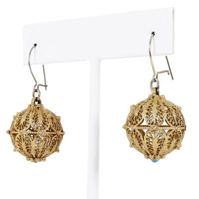 14k filigree ball dangle earrings accented with a turquoise bead