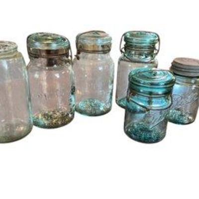 Group Of 6 Blue Glass Masons Canning Jars