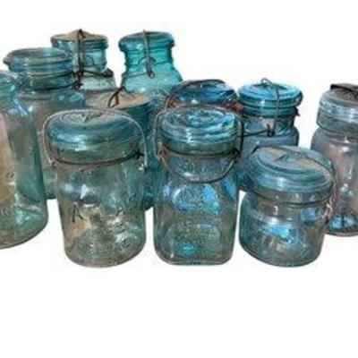 Group Of 11 Blue Glass Ball And Atlas Canning Jars