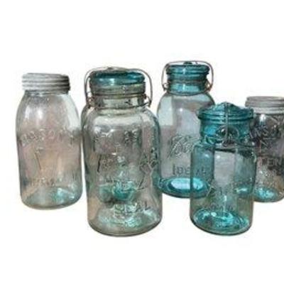 Group Of 6 Blue Glass Ball And Atlas Canning Jars