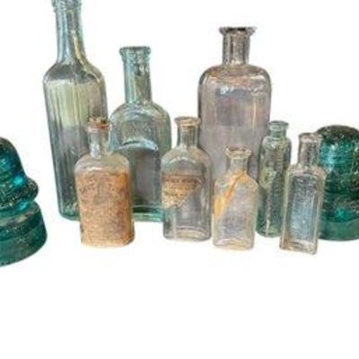 Group Of 10 Antique Glass Bottles And Insulators