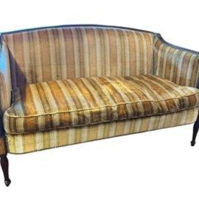 Antique Sheraton Style Settee With Velvet Yellow Striped Fabric