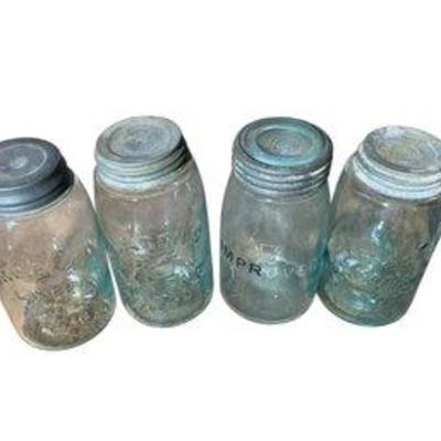 Group Of 4 Blue Glass Masons Canning Jars