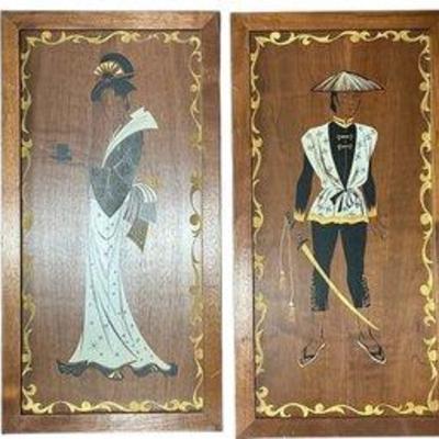 Pair Of Vintage 1970s Wooden Asian Art Pieces