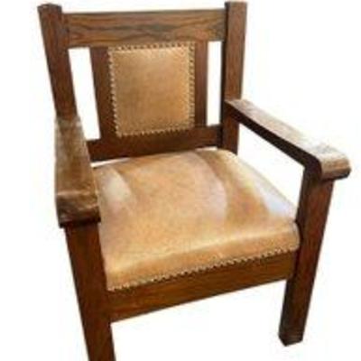 Antique Arts & Crafts Era Secret Society Studded Leather And Oak Chair #1