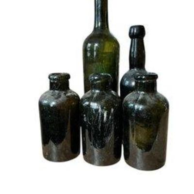 Group Of Deep Green Antique Glass Bottles