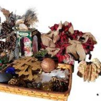 Lot Of Assorted Christmas Decor With Check Garlands, Wreaths