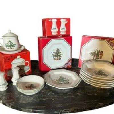 Lot Of Assorted Christmas Spode Like Dishware With Tree