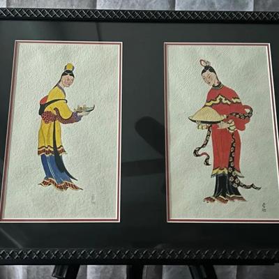 Japanese Vintage Framed Figural Watercolor Pair