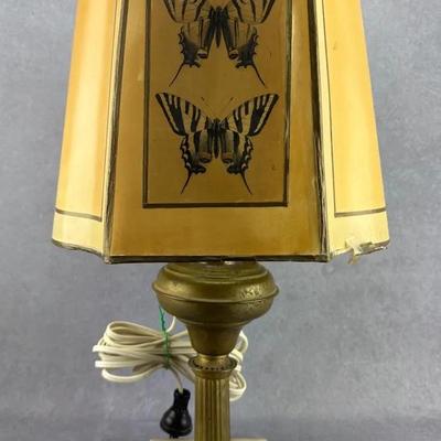 Vintage Bronze Table Lamp W/ Butterfly Lamp Shade & Marble Base