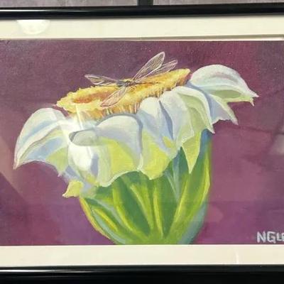 Framed Signed Dragonfly & Floral Painting by N. Glen
