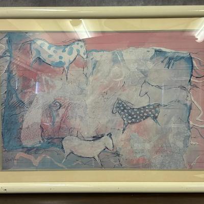 Large Framed Signed Harold Larsen Watercolor, “Horses in Pastels”