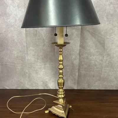 Brass Two Light Lamp With Black Shade 