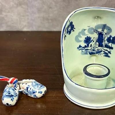 Dutch Porcelain Handled Candle Holder & Small Porcelain Clogs