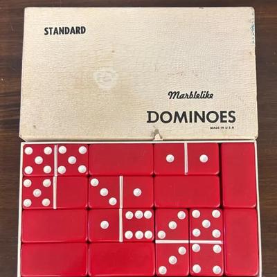 Vintage 1970s Marblelike Red Dominoes Set