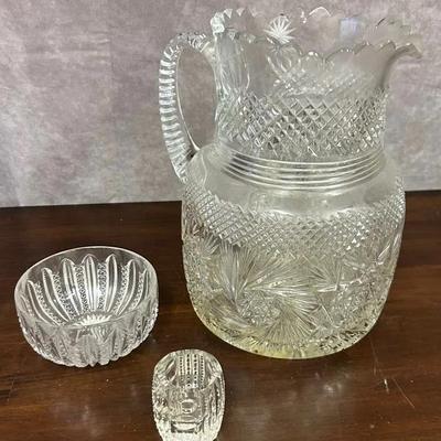 Cut Glass Large Pitcher, Medium Bowl, & Small Candleholder 