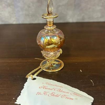 Hand Blown Glass Perfume Bottle With Gold Trim