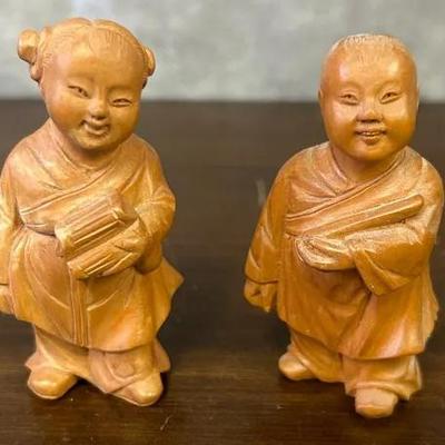 Small Pair Of Wooden Hand Carved Chinese Students 