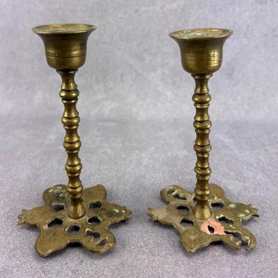 Chinese Vintage / Antique Etched Brass Candlesticks