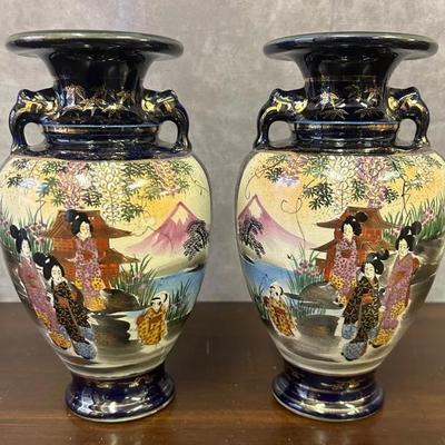 Antique Japanese Satsuma Landscape Vase Pair