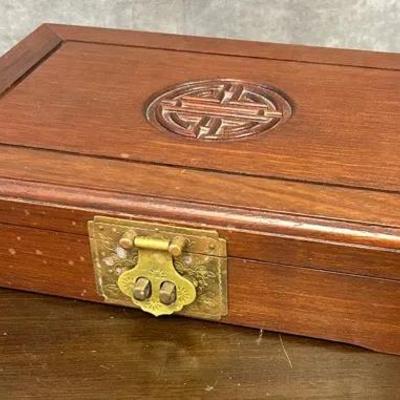 Vintage Chinese Hardwood Jewelry Box with Yellow Lining