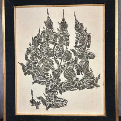 Vintage Charcoal Rubbing of Thai Musicians