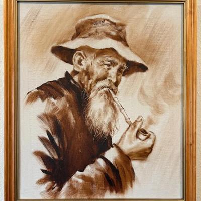 Chinese Vintage Framed Canvas Portrait of Smoking Gentleman