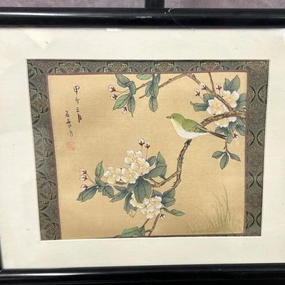 Framed Signed Japanese Bird & Flower Embroidery 