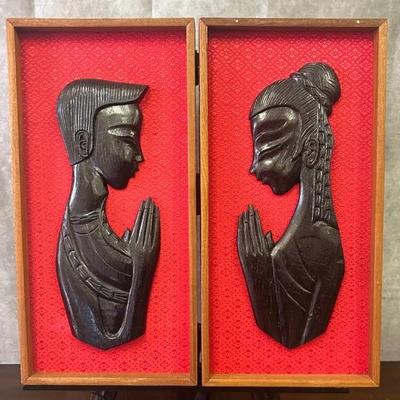 Pair Of Southeast Asian Mid-Century 'Praying Man’ & ‘Praying Woman’ Carvings