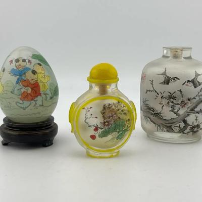 Chinese Reverse Painting Glass Egg and Snuff Boxes 