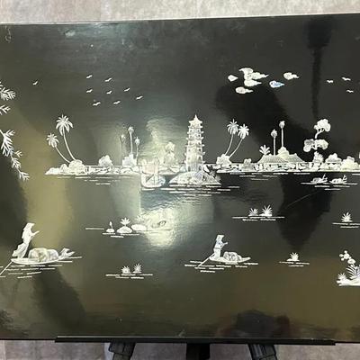 Vintage Southeast Asian Mother of Pearl Inlaid Lacquered Wall Hanging