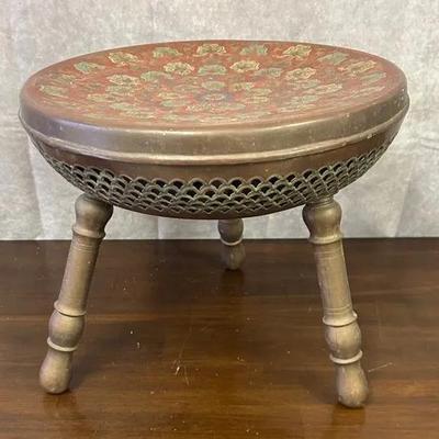 Indian Etched Brass Three Legged Foot Stool
