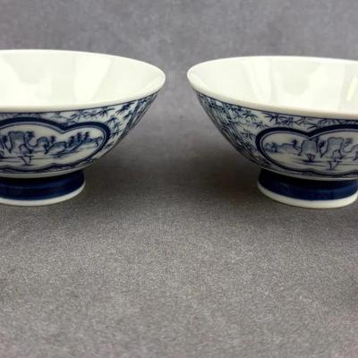 Japanese Vintage Bamboo Blue & White Porcelain Bowls & Chopstick Rests