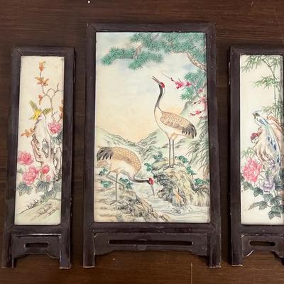 Chinese Rosewood Framed Porcelain Art Panels