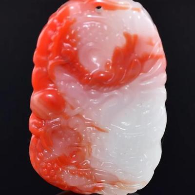 Chinese Red & White Agate Dragon Carving
