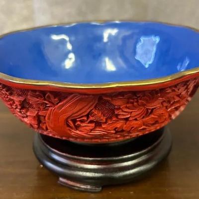 Vintage Chinese Cinnabar Floral Bowl with Stand