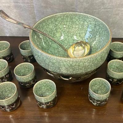 Vintage Somaware Somayaki Double-Walled Green Crackle Punch Bowl Set
