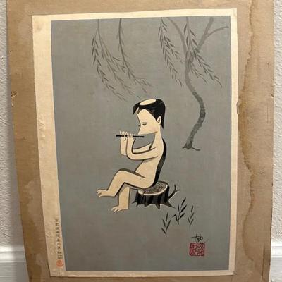 Iku Nagai, Flute Playing Kappa, Vintage Woodblock Print