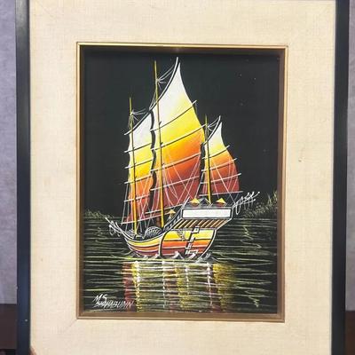 Framed Signed Chinese Junk Boat Painting 