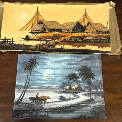 Pair Of Two Vintage Velvet Asian Paintings No Frame