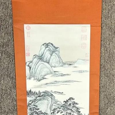 Asian Landscape Watercolor Scroll Painting
